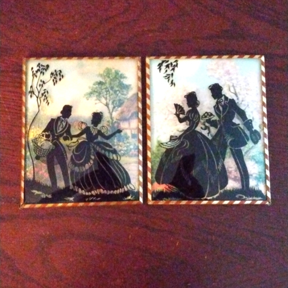 2 Vintage Silhouette Paintings On Convex Bubble Glass 4 X 5